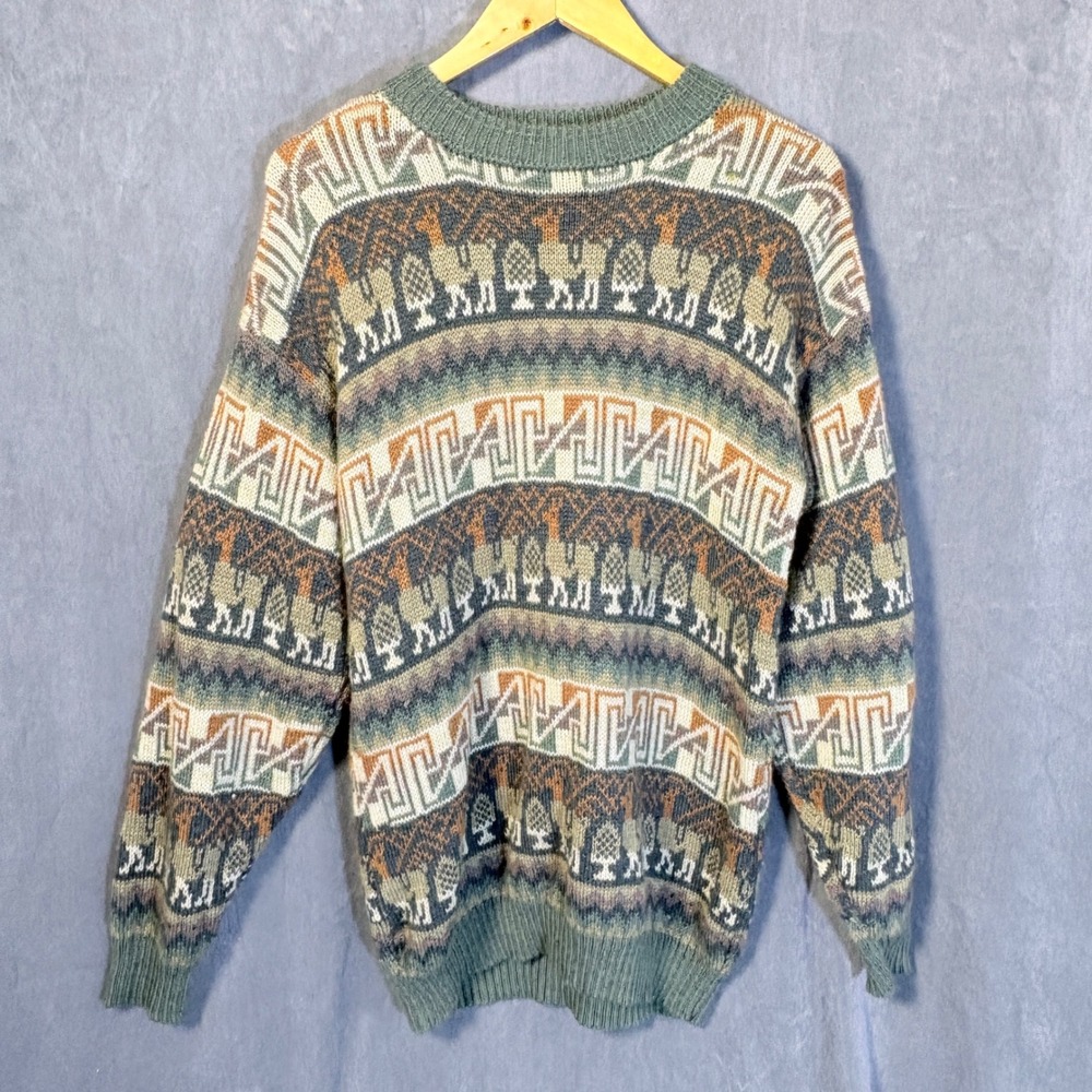 Jehova 100% Alpaca Wool Sweater Mens Aztec Tribal  Knit Crewneck Green M/L